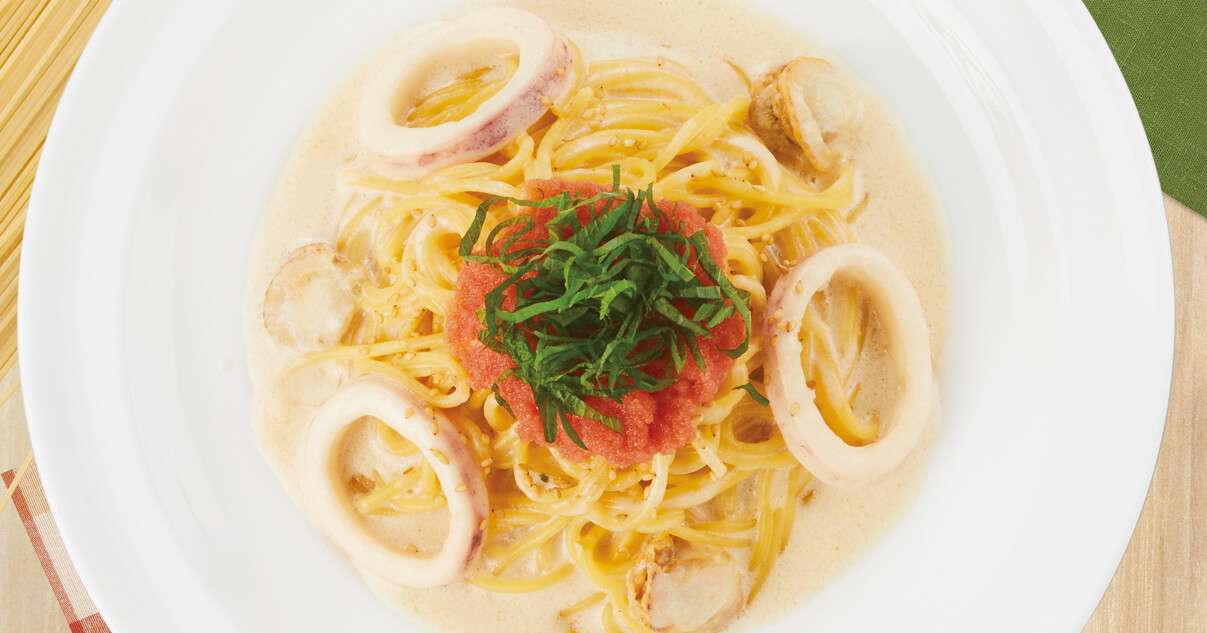 明太子とシーフードのクリームパスタ